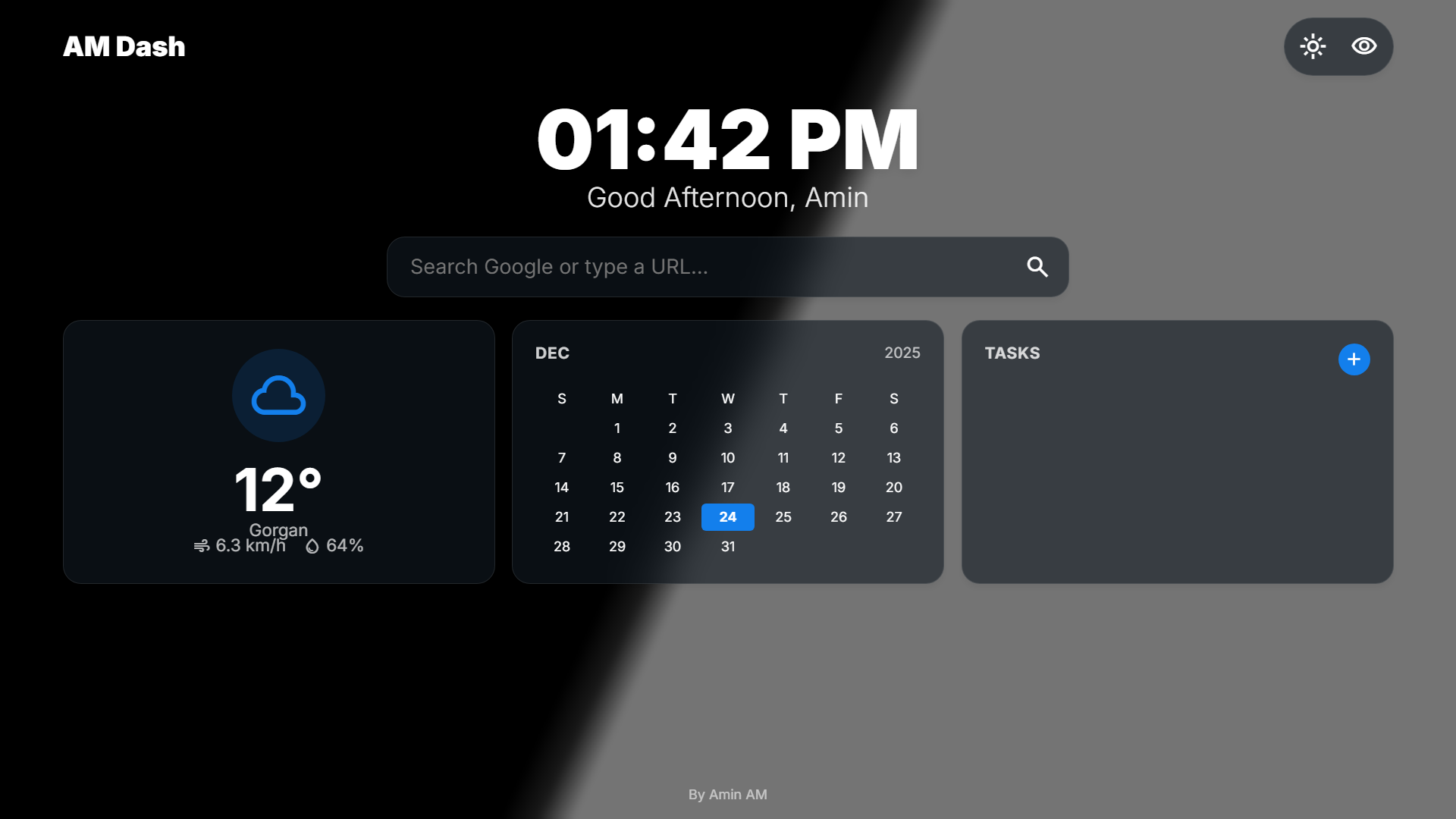 AM Dash Extension Interface showing dark mode dashboard with weather widget, calendar, and task list